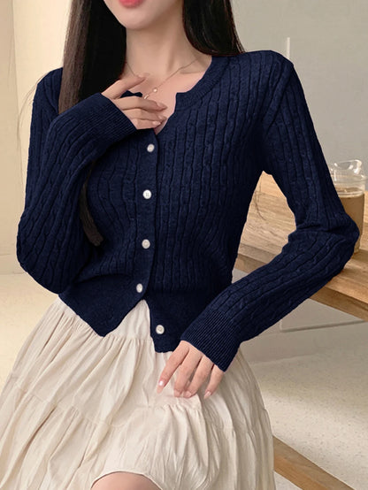 Women's Fitted V-Neck Button Front Cardigan, Twist Knit Sweater for Work and Fall - Purple