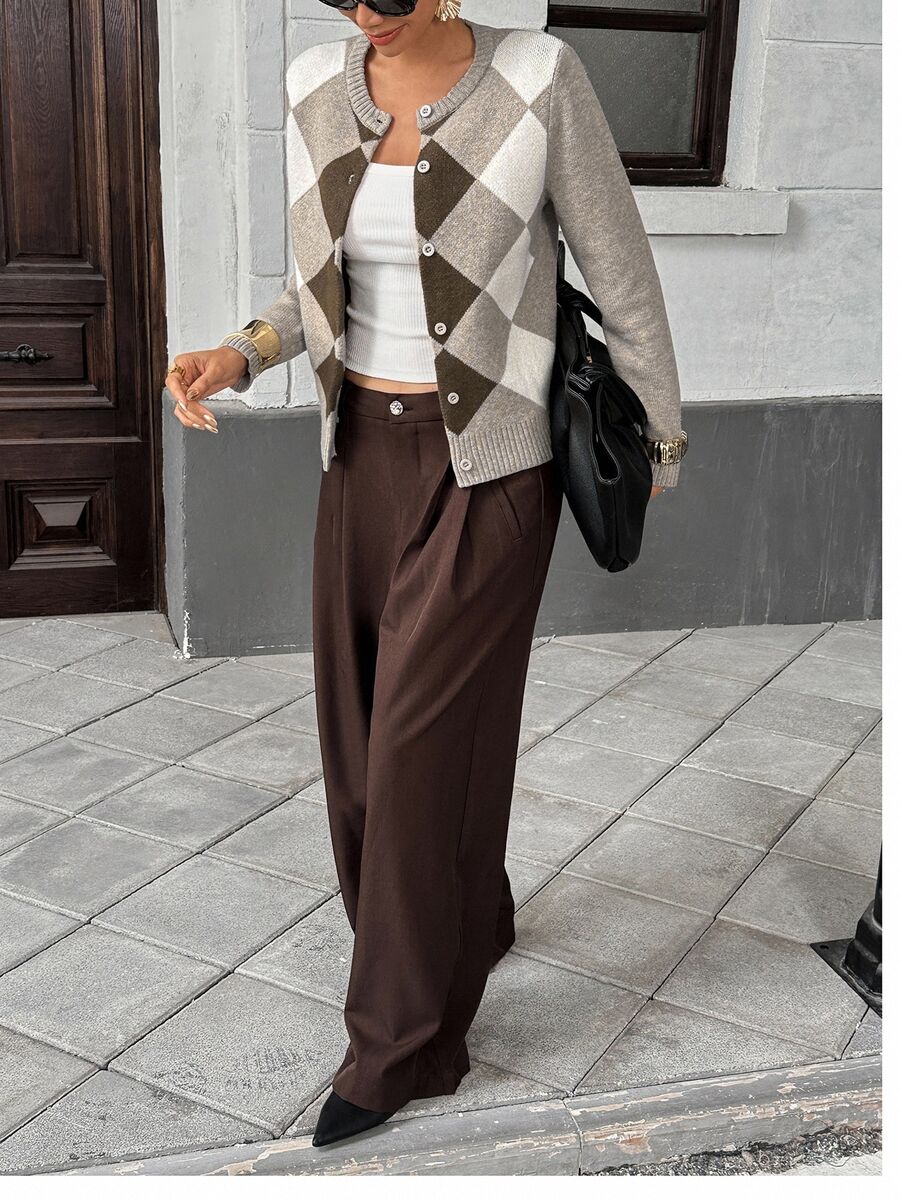 Liliane Plaid Knit Crew Neck Button Front Cardigan - Multicolor