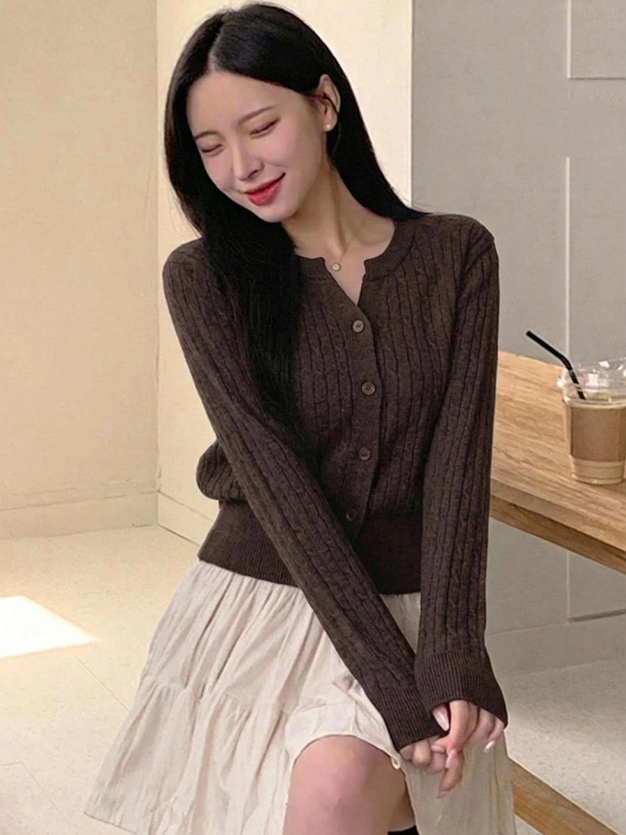 Women's Fitted V-Neck Button Front Cardigan, Twist Knit Sweater for Work and Fall - Navy Blue