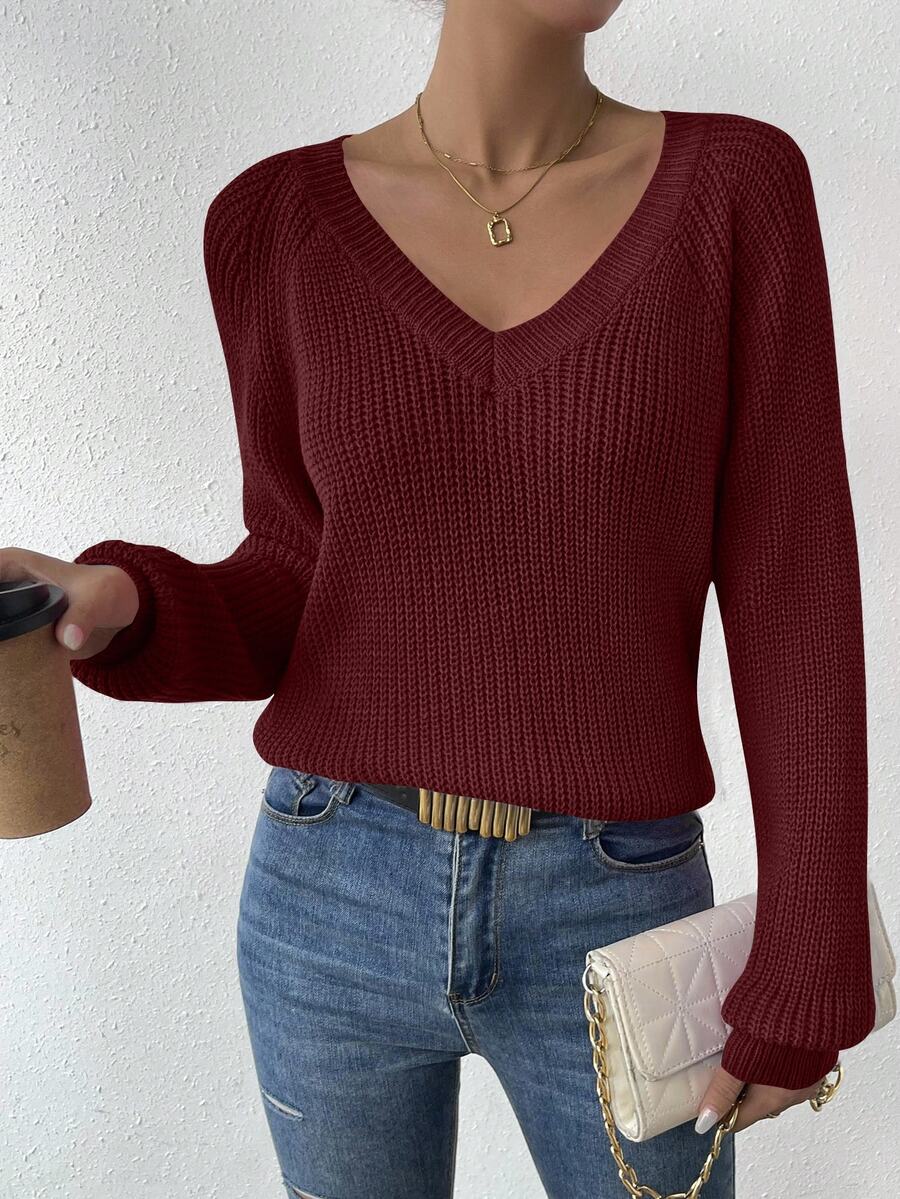 Aarhus V Neck Raglan Sleeve Ribbed Knit Sweater