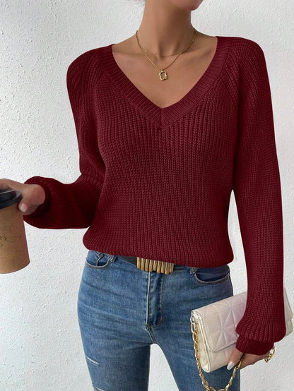 Aarhus V Neck Raglan Sleeve Ribbed Knit Sweater