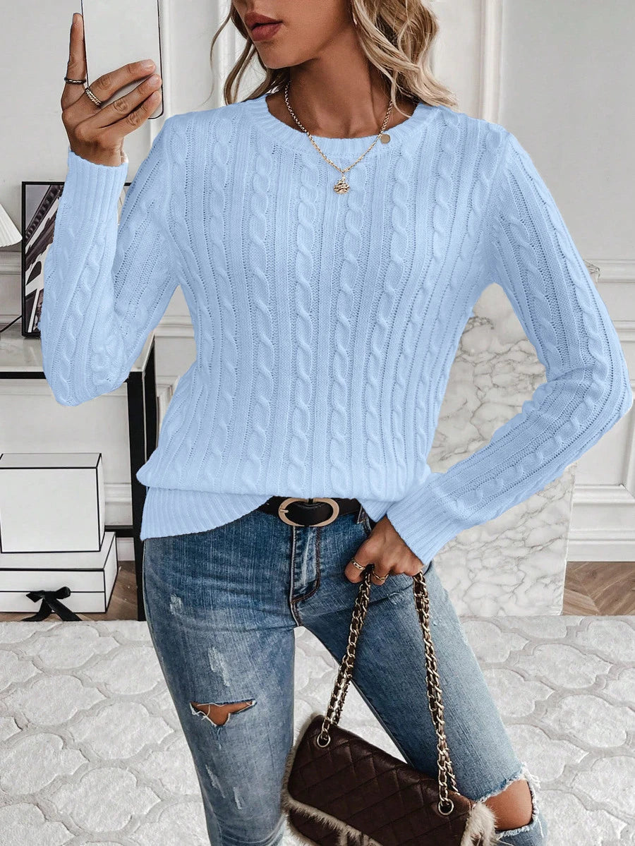 Livia Twist Cable Knit Crew Neck Sweater Fitted Pullover - Light Blue