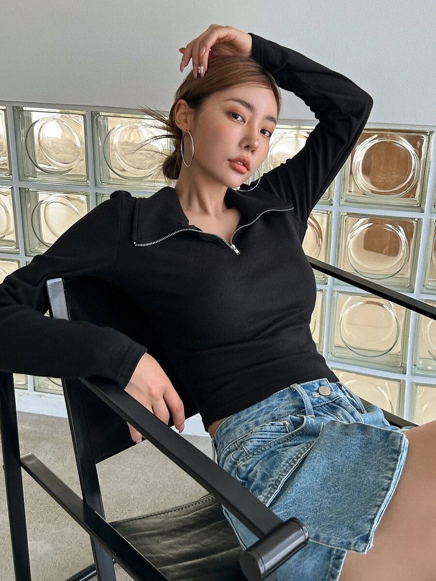 Iris Solid Half Zip Crop Long Sleeve Tee - Black
