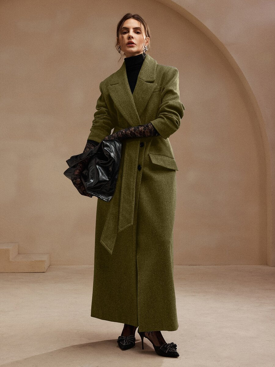 Valeska Belted Double-Breasted Lapel Long Coat with Pockets - Olive Green