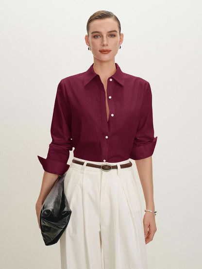Arabella Classic Collared Button Down Long Sleeve Cotton Shirt - Burgundy