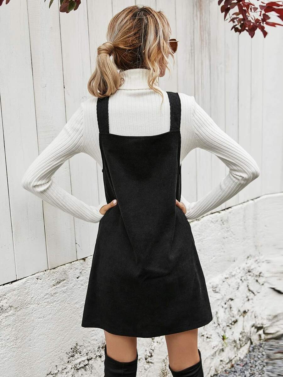 Ottilie Corduroy Button Front Pinafore Mini Dress - Black