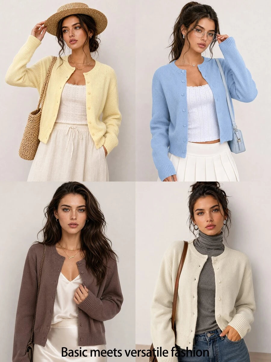 Elowen Round Neck Cropped Cardigan - Apricot