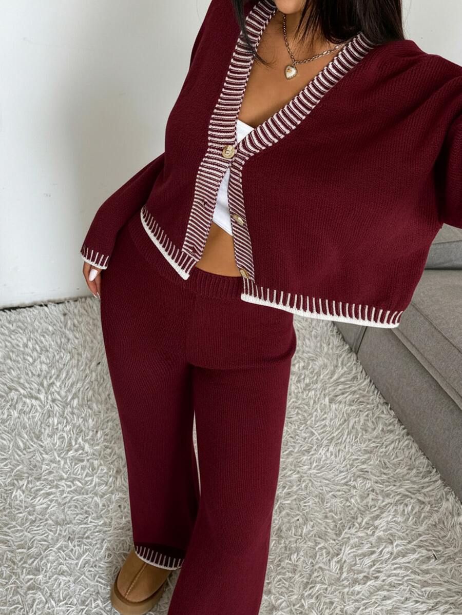 Domenica Contrast Trim Cropped Cardigan and Knit Pants Set - Army Green