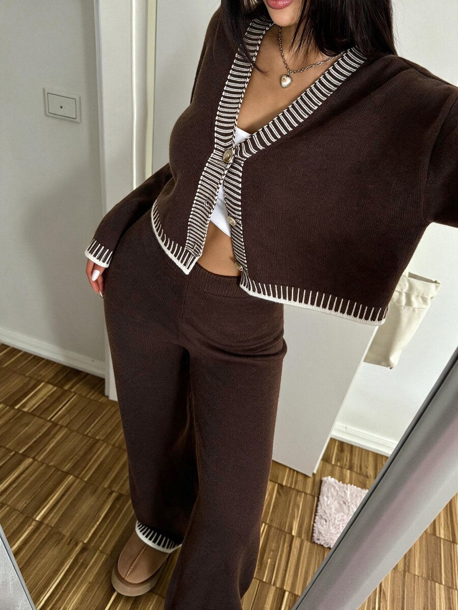 Domenica Contrast Trim Cropped Cardigan and Knit Pants Set - Brown