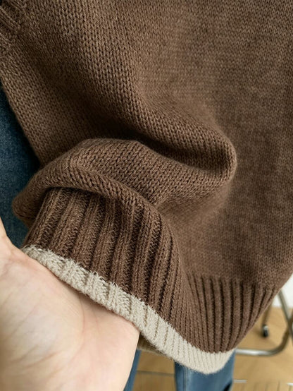 Beatrice Contrast Trim Sleeveless Knit Sweater Vest - Chocolate with Cream Trim