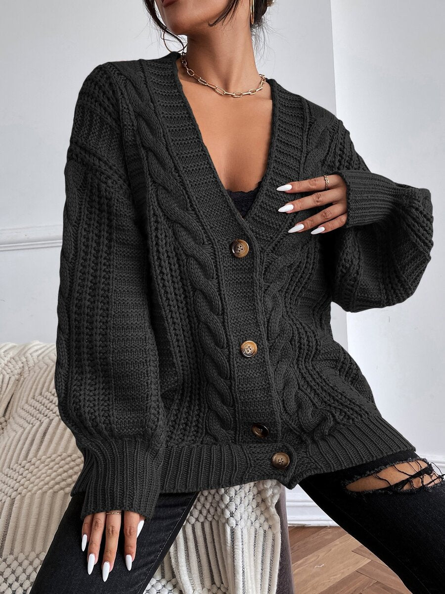 Adelaide Cable Knit Bishop Sleeve Cardigan - Black and White