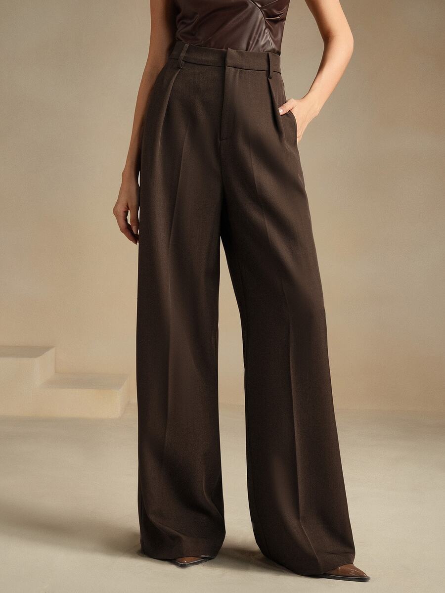 Tatiana Pleated High Waist Wide Leg Trousers with Pockets - Grey