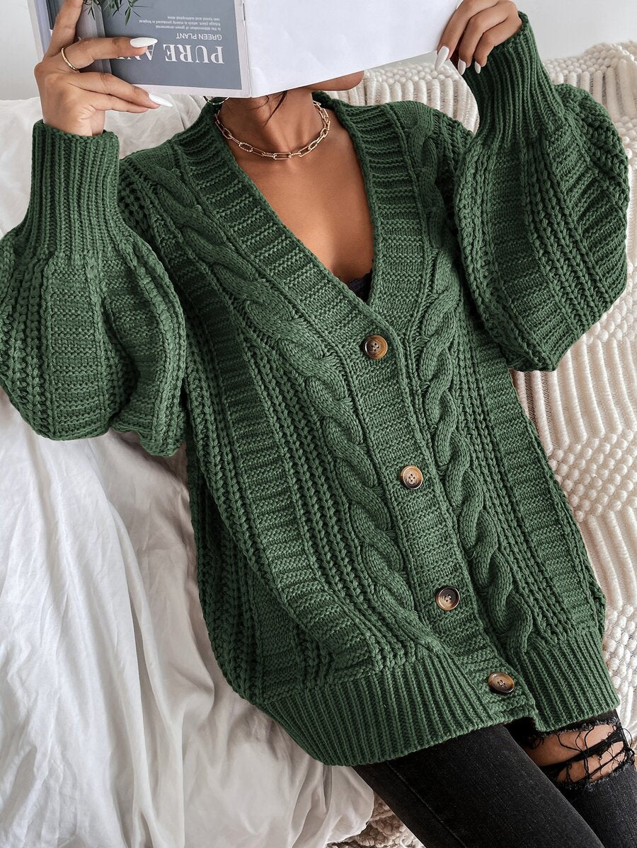 Adelaide Cable Knit Bishop Sleeve Cardigan - Brown