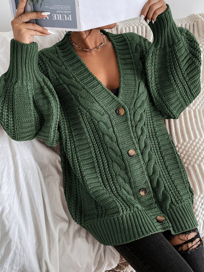 Adelaide Cable Knit Bishop Sleeve Cardigan - Brown