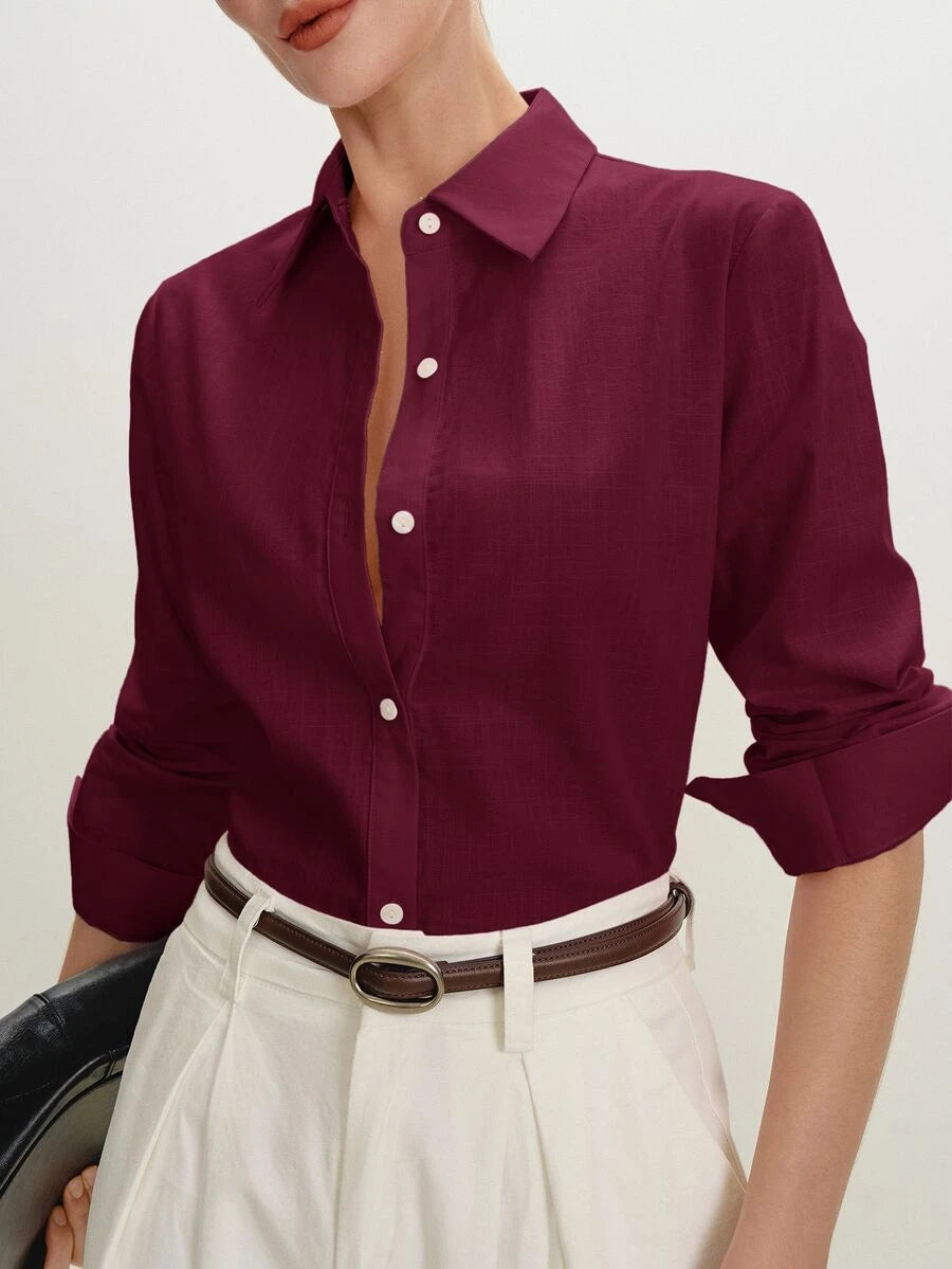 Arabella Classic Collared Button Down Long Sleeve Cotton Shirt - Burgundy