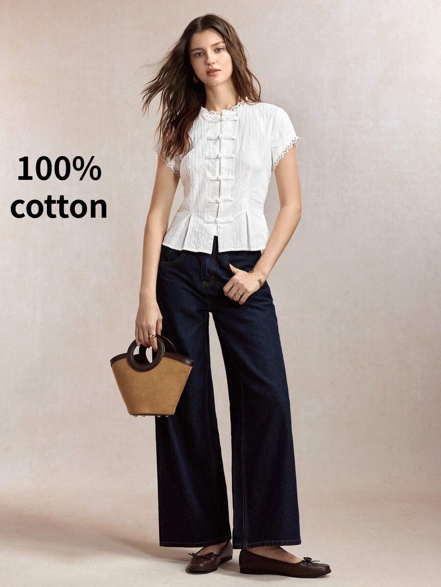 Mirabel Lace Trim Frog Button Short Sleeve Cotton Blouse - White