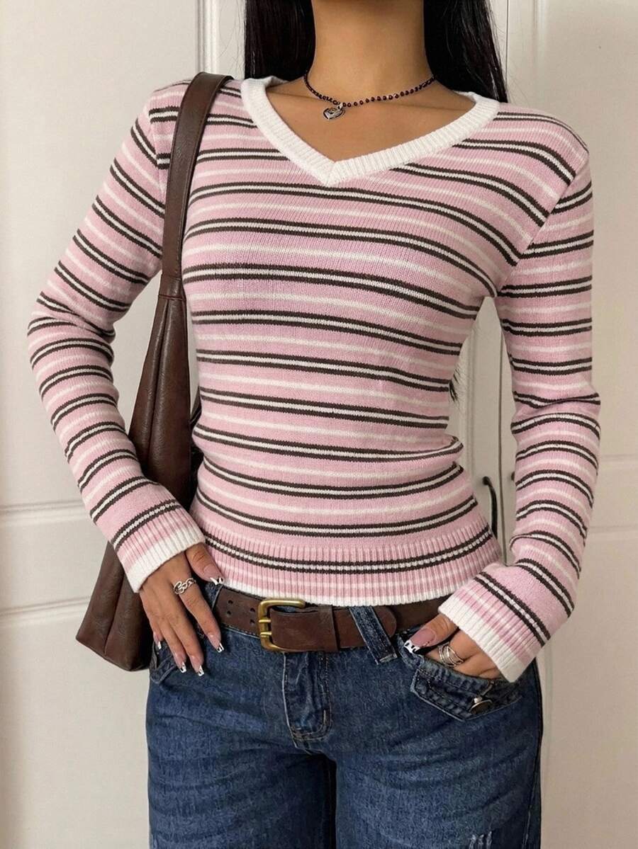 Saskia Slim V Neck Twist Cable Knit Sweater with Contrast Trim - Pink Stripe