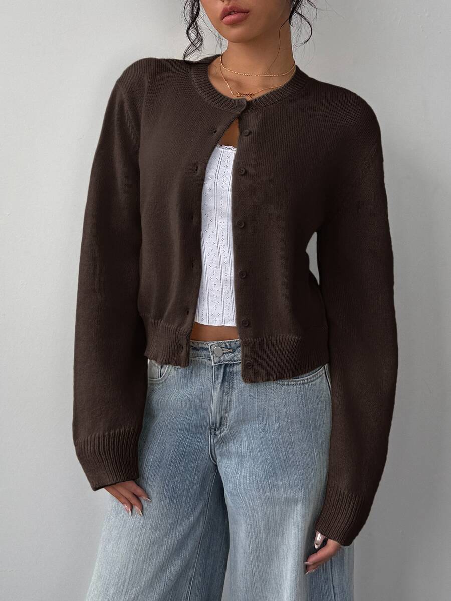 Elowen Round Neck Cropped Cardigan - Brown