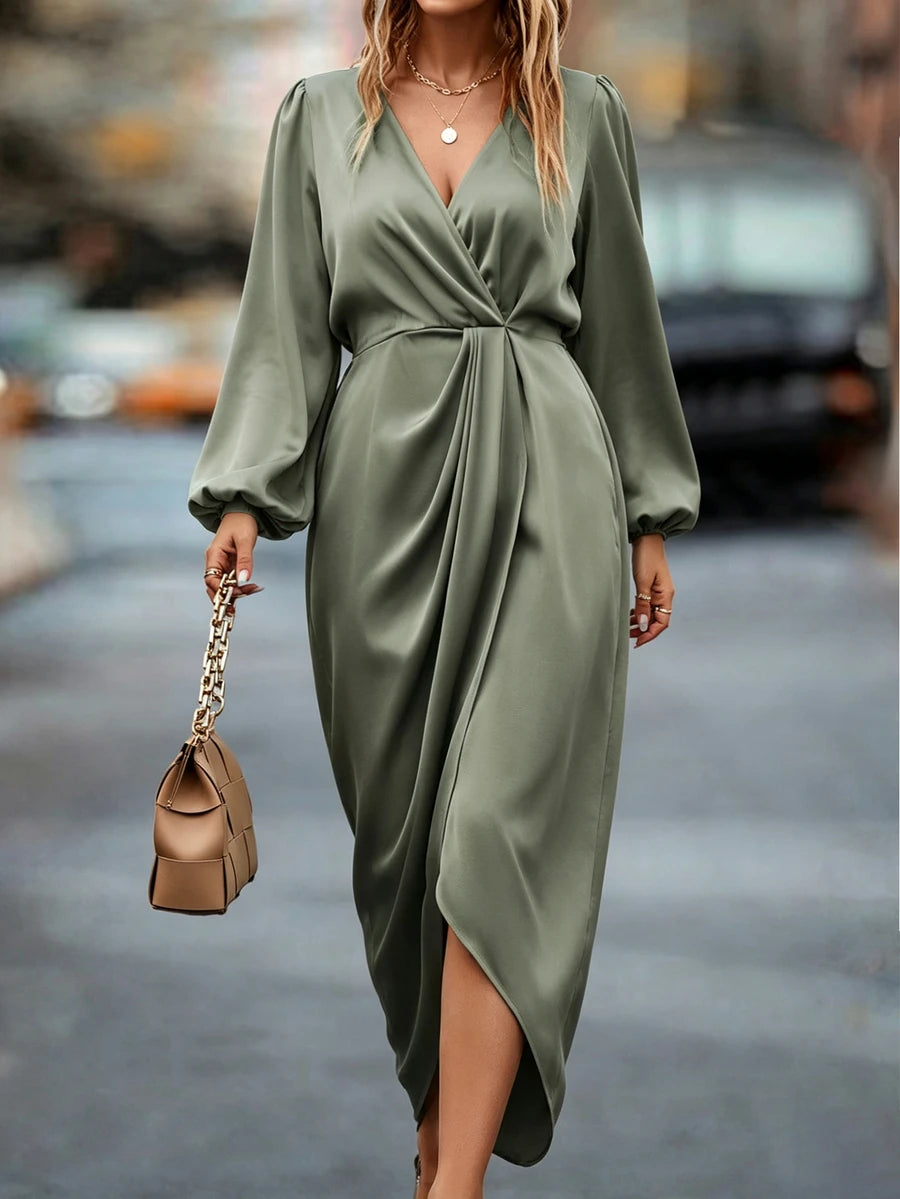 Bariloche Satin Wrap Maxi Dress with Lantern Sleeves