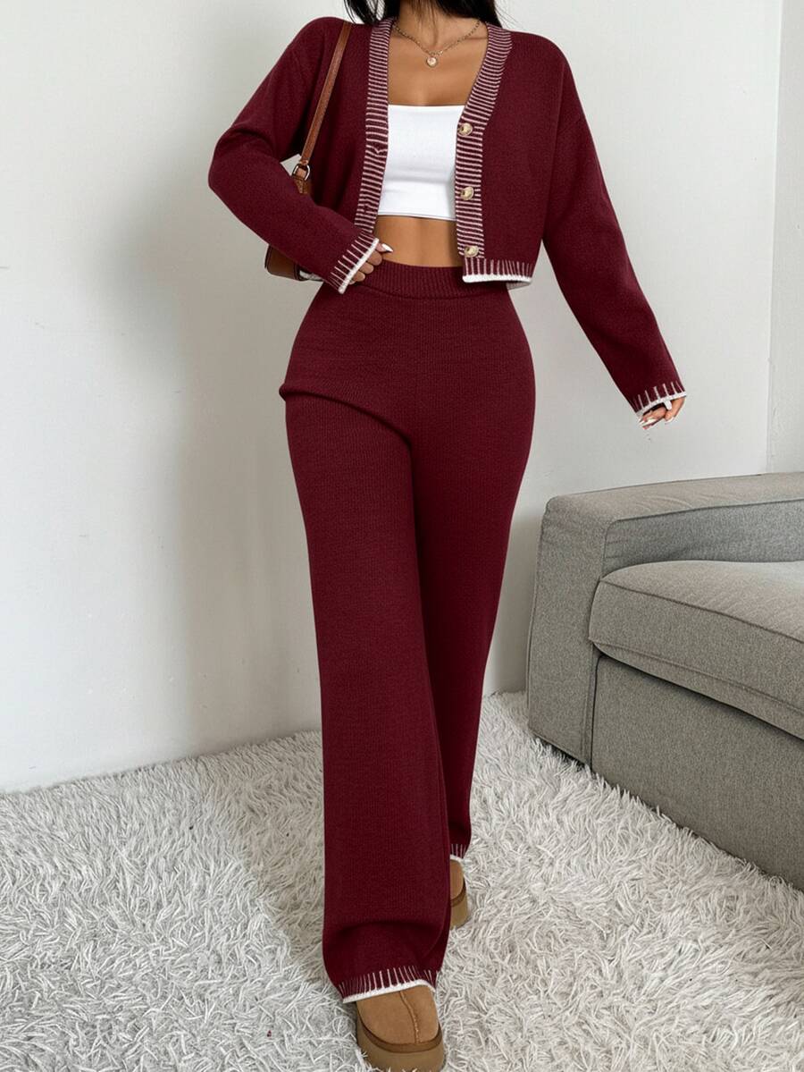 Domenica Contrast Trim Cropped Cardigan and Knit Pants Set - Khaki
