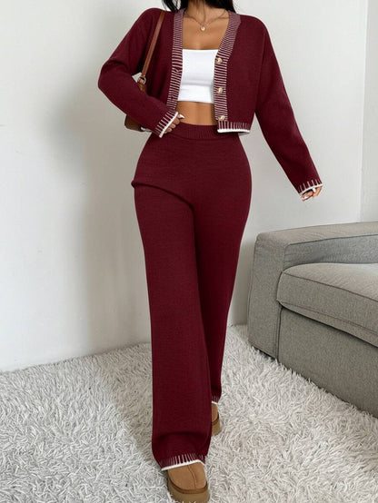 Domenica Contrast Trim Cropped Cardigan and Knit Pants Set - Khaki
