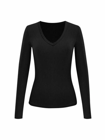 Siena Deep V Neck Ribbed Knit Long Sleeve Fitted Top