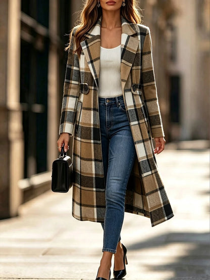 Josephine Belted Notched Collar Double-Breasted Long Coat - Cream Plaid