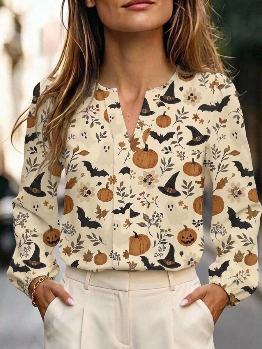Nell Long Sleeve Blouse with Split V Neck and Lantern Sleeves - Cream Harvest Print