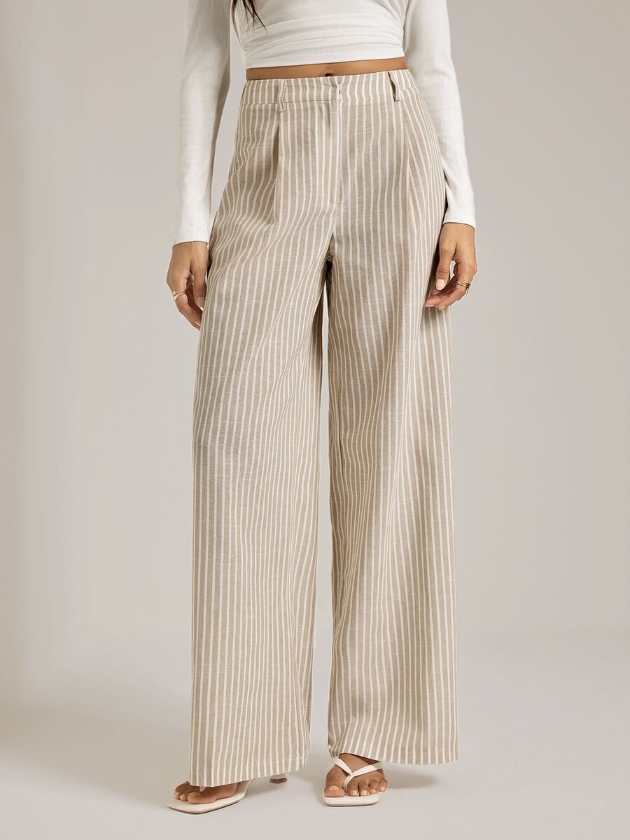 Isla High Waisted Wide Leg Pants with Pleated Front - Oatmeal Stripe