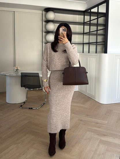 Raphaela Ribbed Knit Crew Neck Midi Sweater Dress Long Sleeve - Redwood