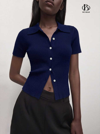 Vera Striped Short Sleeve Knit Top - Navy Blue