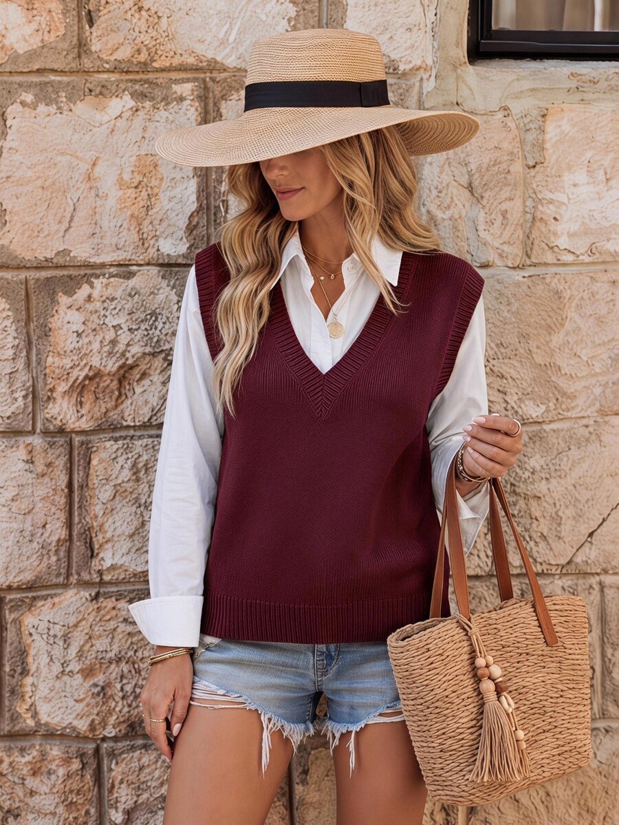 Marisa Fine Knit V-Neck Sleeveless Sweater Vest - Black