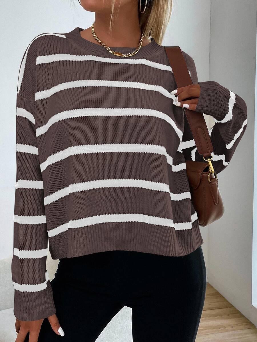Audrey Striped Drop Shoulder Pullover Sweater - Khaki