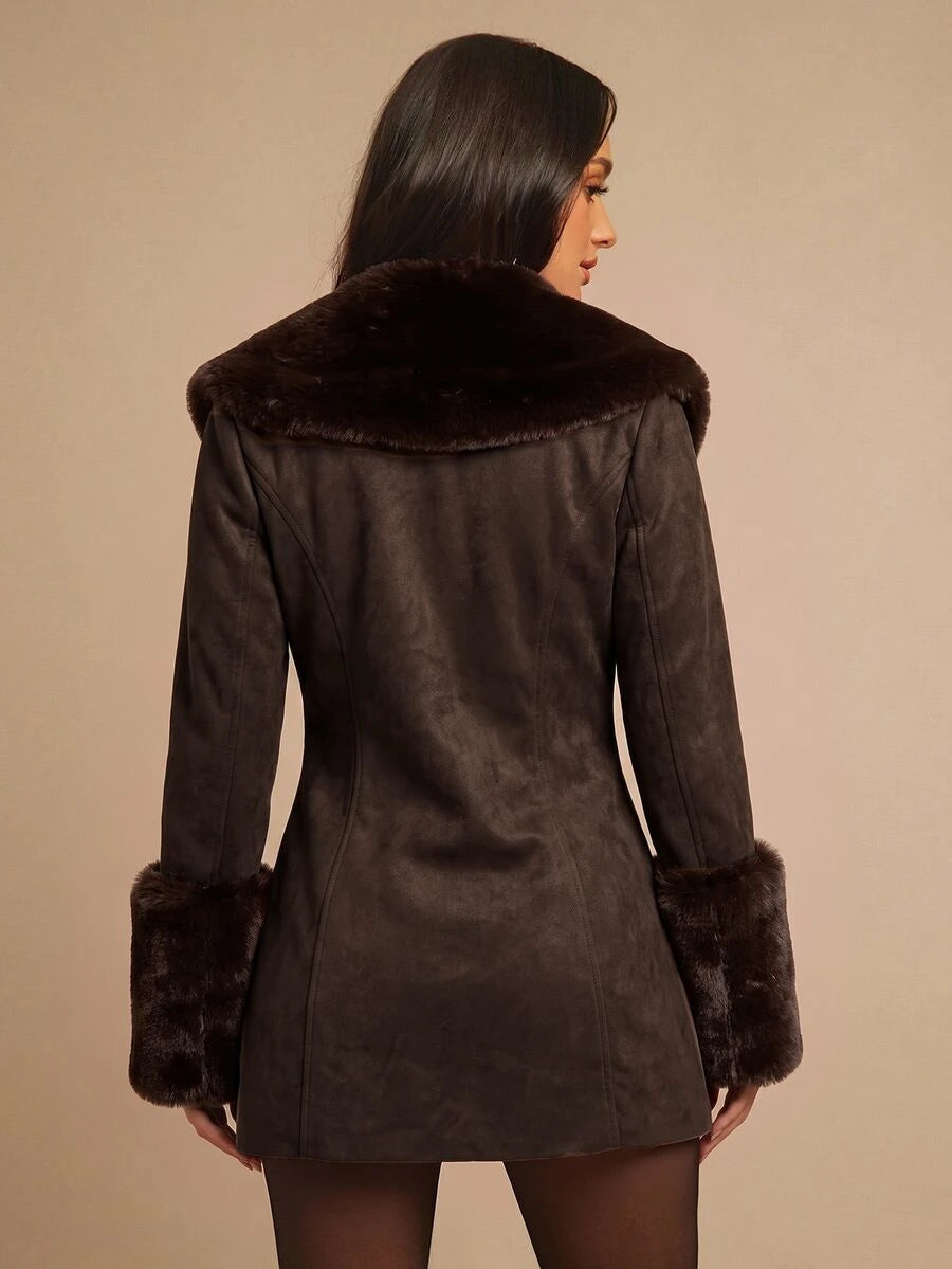 Saint Moritz Faux Fur Collar Double Breasted Faux Leather Jacket