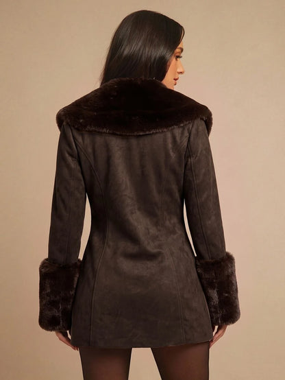 Saint Moritz Faux Fur Collar Double Breasted Faux Leather Jacket