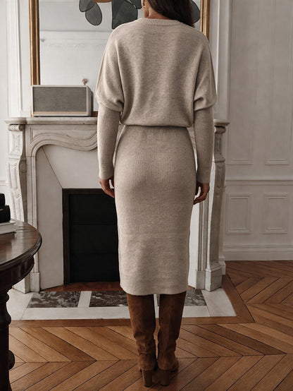 Raphaela Ribbed Knit Crew Neck Midi Sweater Dress Long Sleeve - Khaki