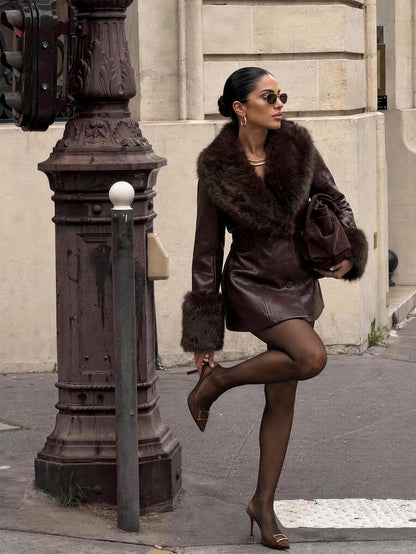 Saint Moritz Faux Fur Collar Double Breasted Faux Leather Jacket
