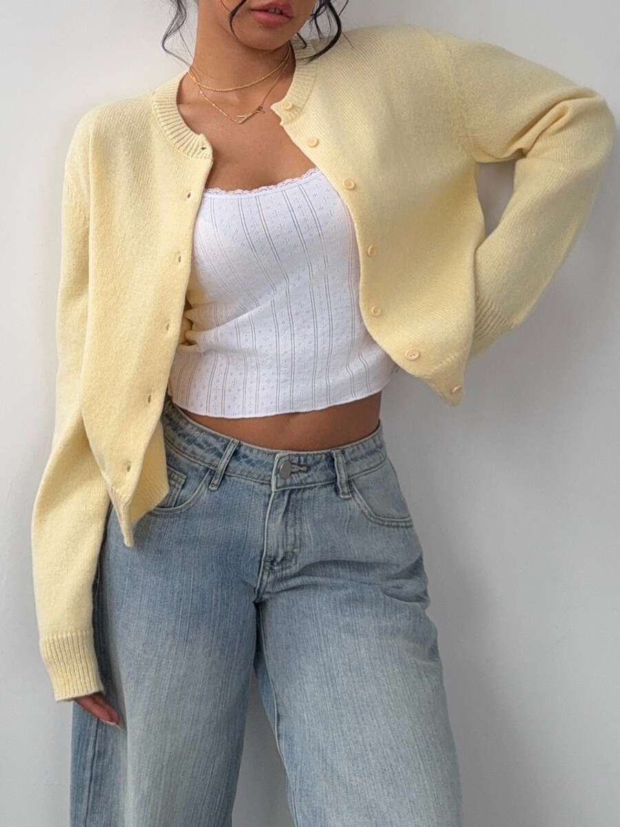 Elowen Round Neck Cropped Cardigan - Apricot