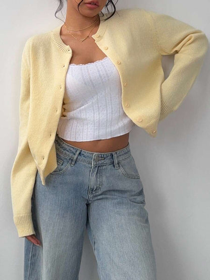Elowen Round Neck Cropped Cardigan - Apricot