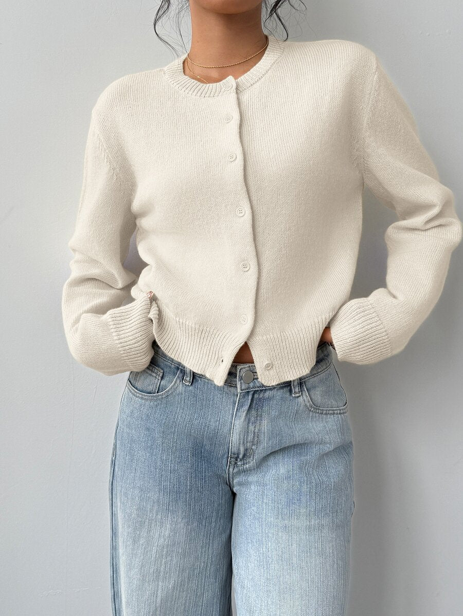 Elowen Round Neck Cropped Cardigan - Beige