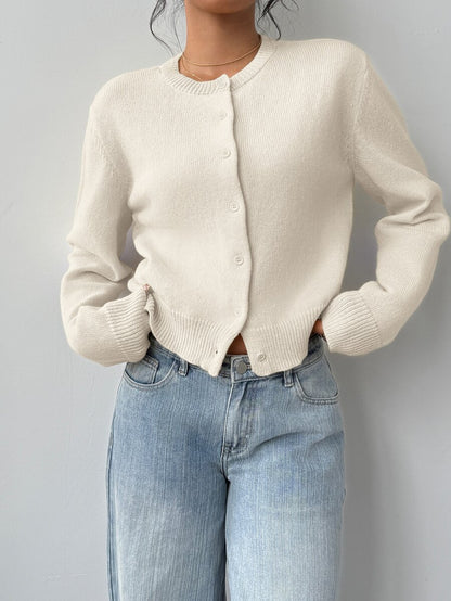 Elowen Round Neck Cropped Cardigan - Beige