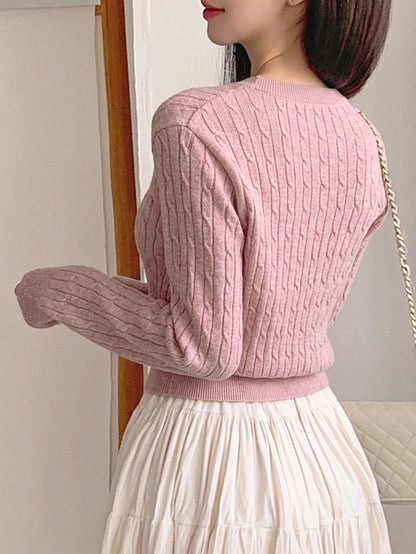 Women's Fitted V-Neck Button Front Cardigan, Twist Knit Sweater for Work and Fall - Baby Pink