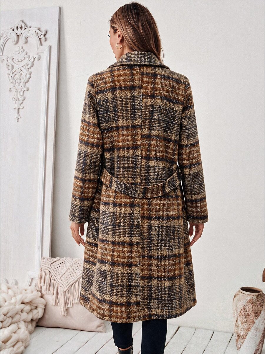 Josephine Belted Notched Collar Double-Breasted Long Coat - Brown Plaid