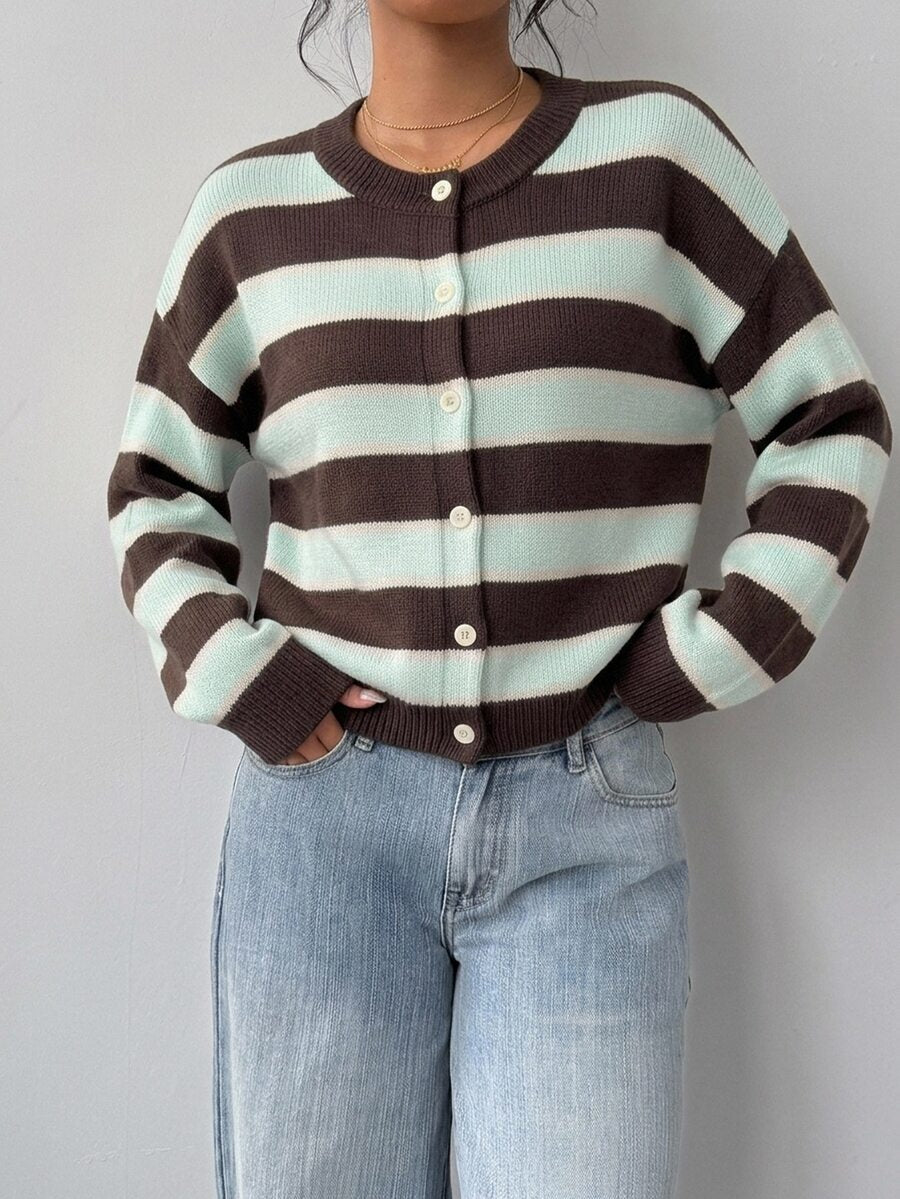 Elowen Round Neck Cropped Cardigan - Brown