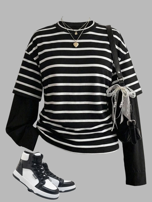 Wren Patchwork Striped Crew Neck Long Sleeve Tee - Black and White