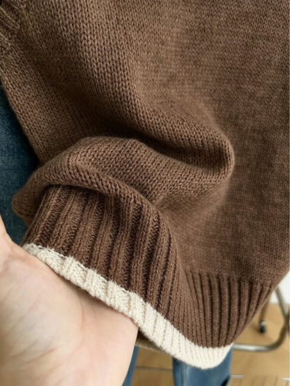 Beatrice Contrast Trim Sleeveless Knit Sweater Vest - Chocolate with Cream Trim