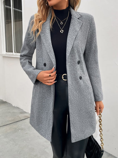 Aveline Double-Breasted Lapel Coat with Tailored Thigh-Length Cut - Coffee Brown