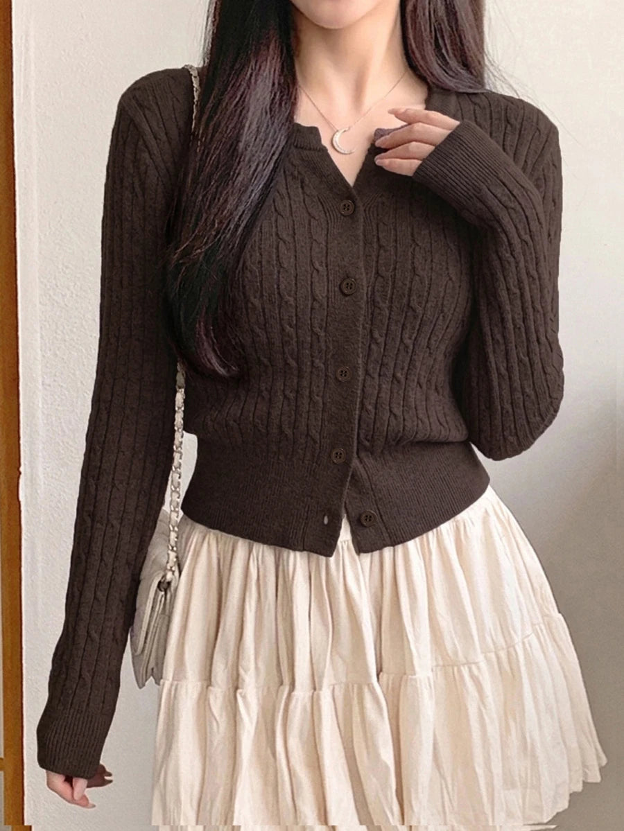 Women's Fitted V-Neck Button Front Cardigan, Twist Knit Sweater for Work and Fall - Brown