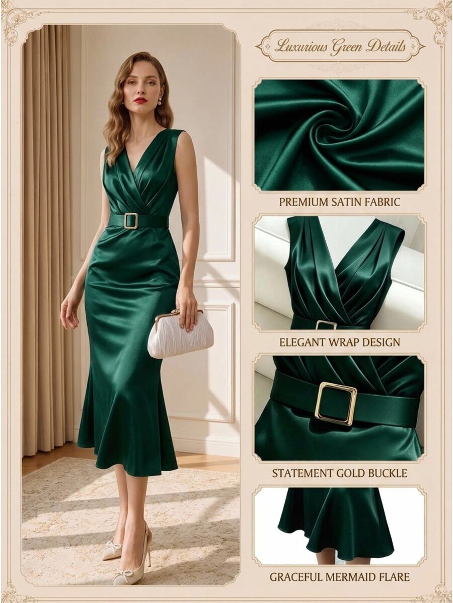 Women's Satin V-Neck Midi Dress, Fitted Silky Dress for Wedding Guest and Evening - Dark Green