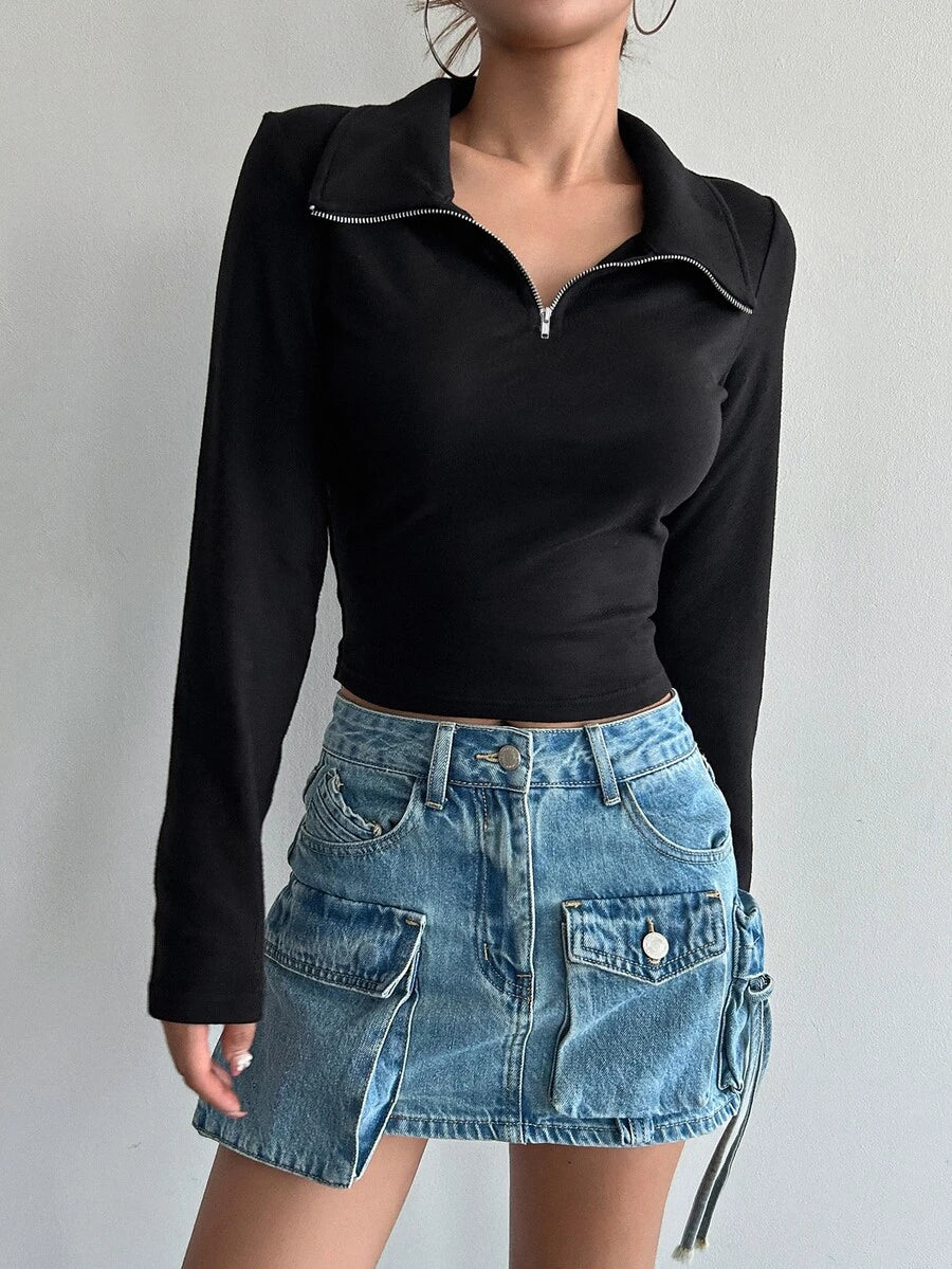 Iris Solid Half Zip Crop Long Sleeve Tee - Black